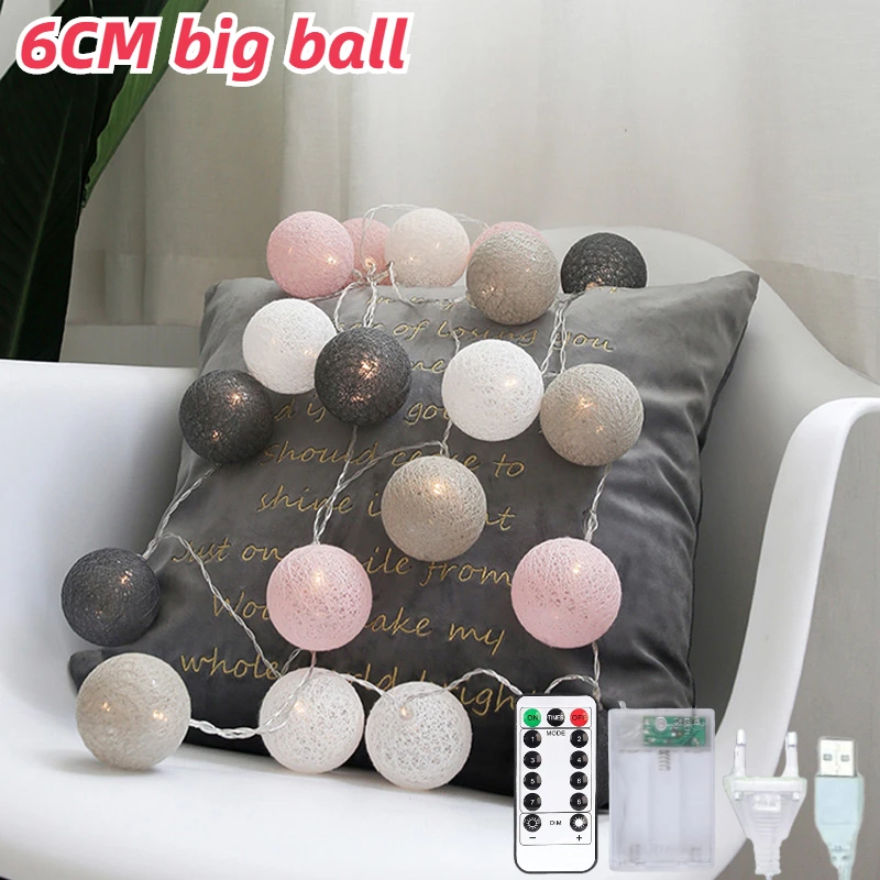 

6CM LED Cotton Ball Garland String Light Baby Bed Bedroom Fairy Lamp Living Room Christmas Wedding Party Halloween Outdoor Decor