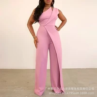 pink one shoulder jumpsuits 2022 summer spring solid color office lady rompers full length wide leg pants streetwear new fashion