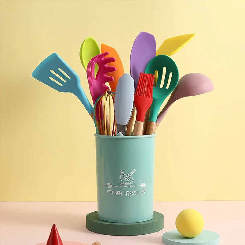 

12 Pcs/Set Color Silicone Kitchen Kitchenware Set Kitchen Utensils Gadgets Wooden Handle Non-Stick Cookware Cooking Spoon