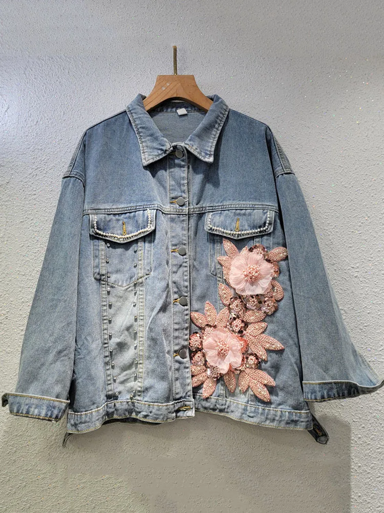 Женская джинсовая куртка DEAT с длинным рукавом и отложным воротником 3D заклепками