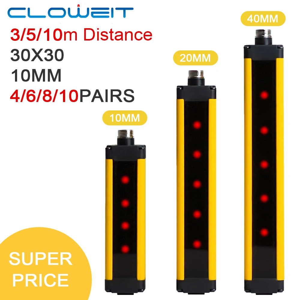 

Cloweit Safety Light Curtain APS30 3/5/10M Protect Photoelectric Switch Area Sensor 4-10 Beams 10mm Grating Security Device 24V