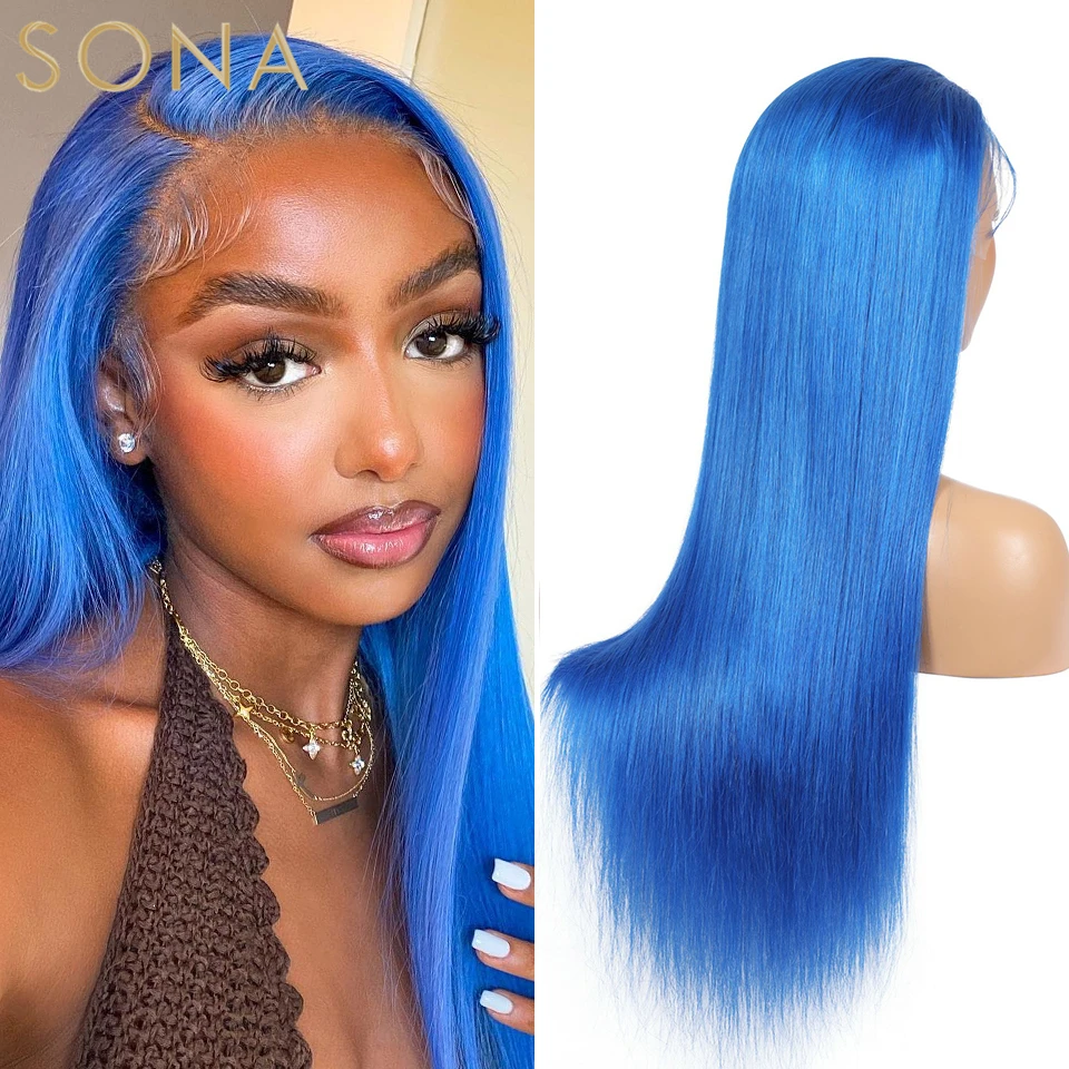 13X4 Colored Light Blue Lace Frontal Wigs Straight Ombre Red Pink Grey Blue Lace Front Human Hair Wig For Black Women