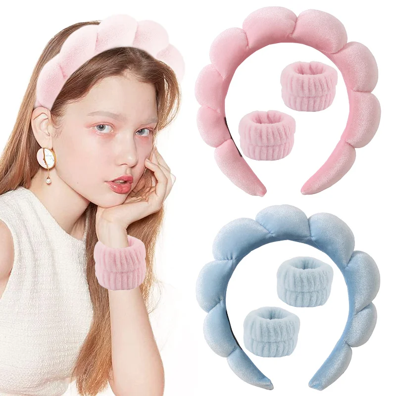 

Sponge Spa Headband with Wristbands for Washing Face Wide Padded Headband Skin Care Makeup Removal Shower for Women Girls
