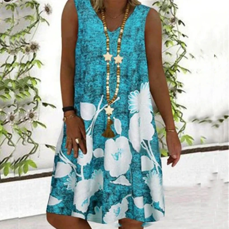 

Women Elegant Dress Boho Sleeveless V Neck Vintage Print Mini Dress Women Casual Loose Summer Dresses 2022 Vesitdos