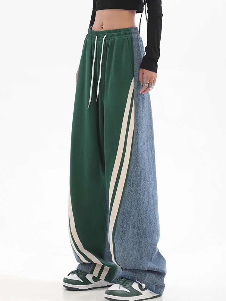 

Women Autumn Winter High Waist Contrast Color Drawstring Tie Up Sweatpants High Street Wide Leg Straight Cylinder Lady Trousers