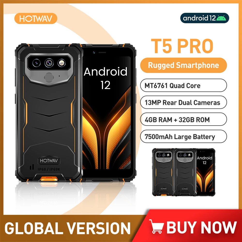 Hotwav T5 Pro IP68 Rugged 4G Smartphone Android 12 MTK6761 Mobile Phone 4GB 32GB 5.99 Inch Cellphone 13MP Rear Camera 7500mAh