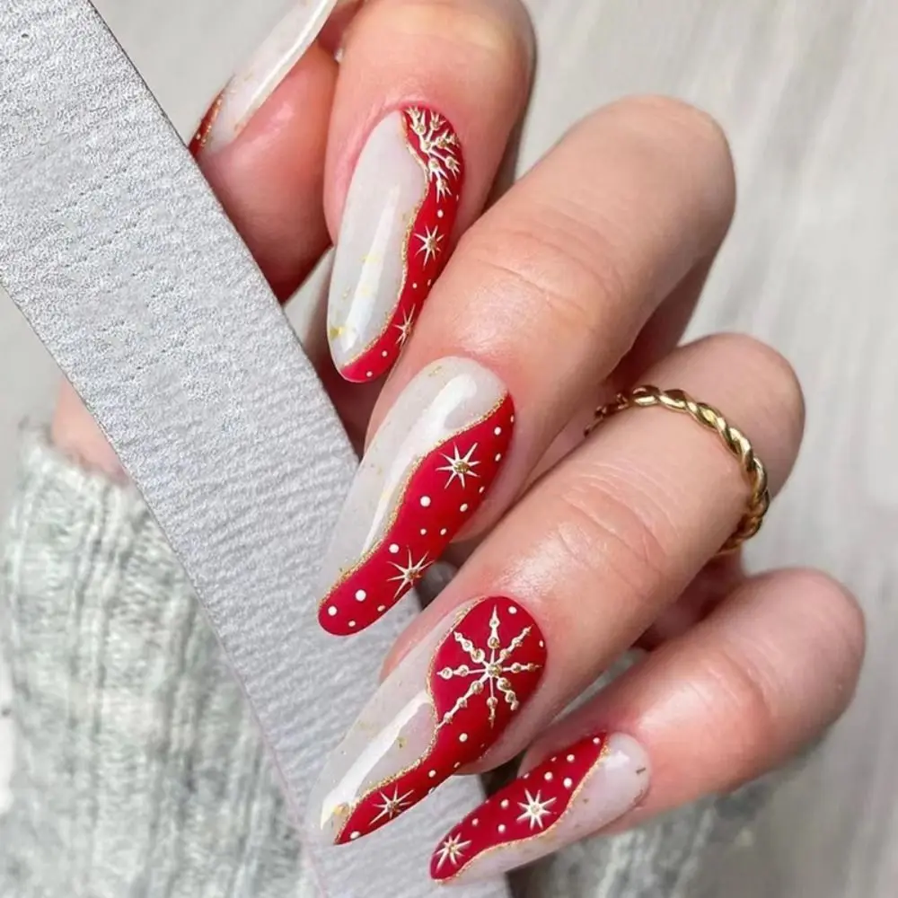 

24pcs Nail Tips Full Cover Almond Ballerina French Coffin Red Green Long Short Elves Christmas Fake Nails Snowflake