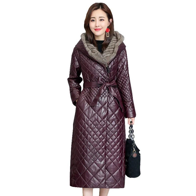 2023 Women's Winter Velvet Warm Sheepskin Jacket Ladies Elegant Hooded Plus Size 5XL Loose Long Leather Coat Female OK1193
