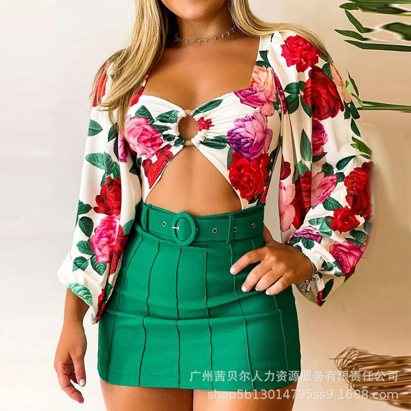 

Elegant Women White Print One-piece Top + High Waist Mini Skirt Set + Belt Two-piece Set Women Skirt Suit 2022 Summer