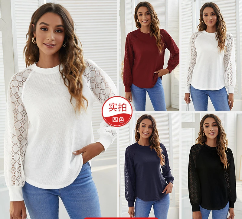 

Women Lace Patchwork Long Sleeve Knitted T-shirt Autumn Winter New O-neck Casual Loose Hollow Out Pullover Streetwear