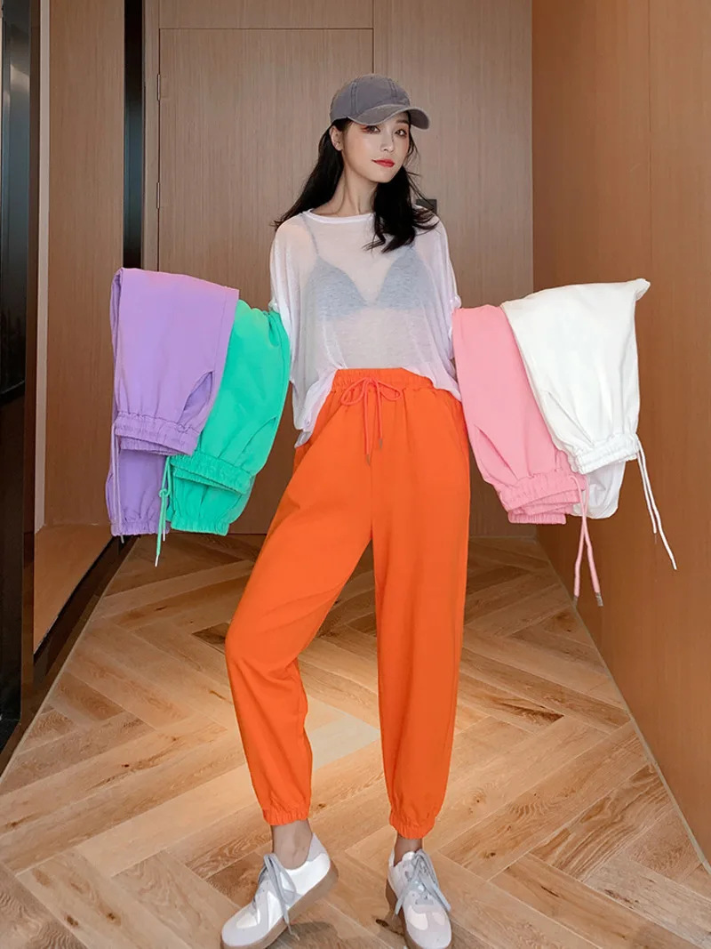 Спортивные брюки ярких цветов оранжевые розовые серые женские брюки-султанки в