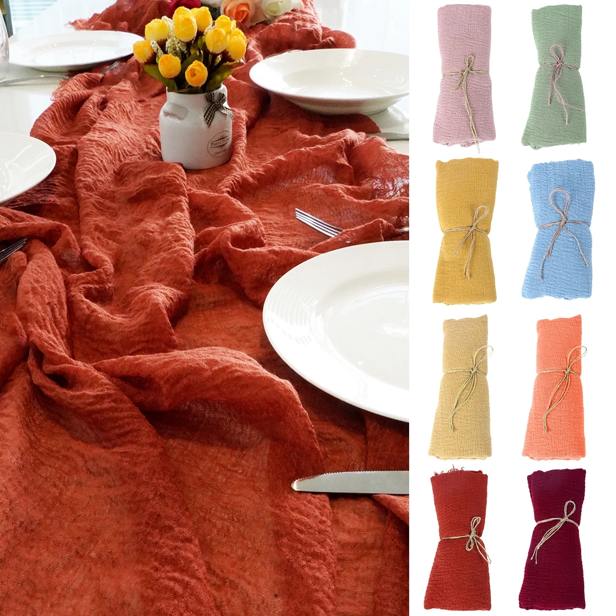 

90*180cm Raw Edge Fringed Voile Table Runner Rustic Wedding Party Birthday Decoration for Boho Vintage Home Table Setting Decor