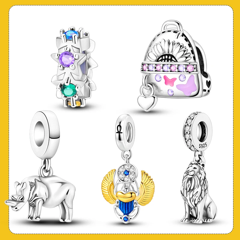 

Animal Lion Rhinoceros Dangle Sunflower School Bag Pendant 925 Silver Charm fit Original Bracelet Beads Women Jewelery
