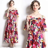 2022 runway fashion summer long dress women designer off shoulder elastic waist elegant floral dress holiday print party frock