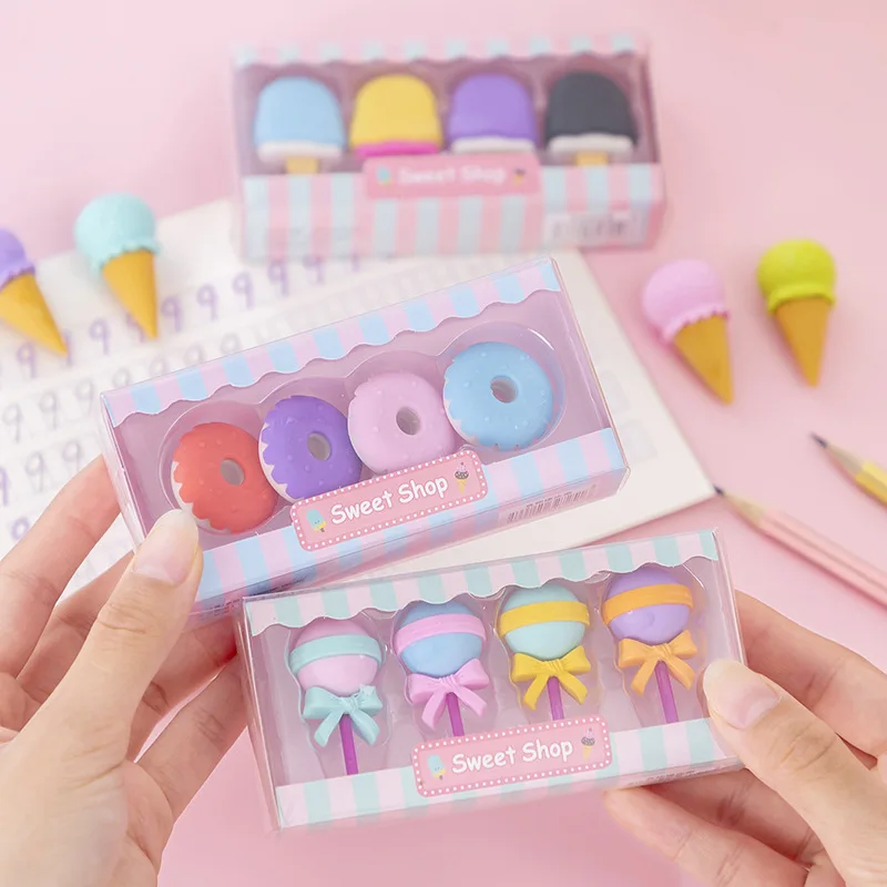 

(4 Pieces/lot) Candy-colored Bear Gift Box Dessert Lollipop Eraser Set Student Creative Stationery Eraser
