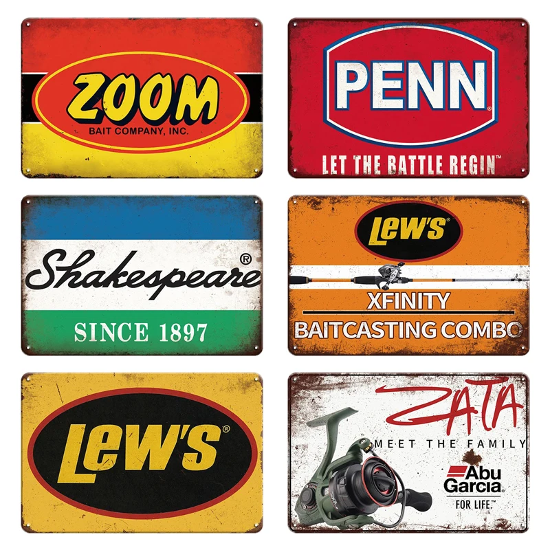 

Vintage Sign Fishing Gear Metal Plaque Tin Plate Retro Wall Art Painting for Tackle Shop Home Fishing Wall Decorative Iron Plate