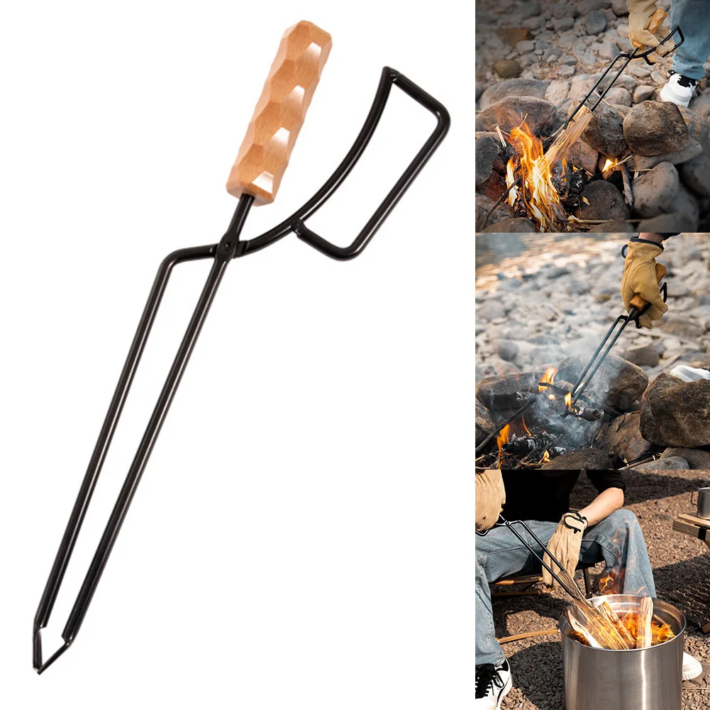 

1pc Portable Charcoal Clip Camping Barbecue Charcoal Clip Wood Handle Charcoal Clip Fire Tongs Outdoor Tools 40x11cm