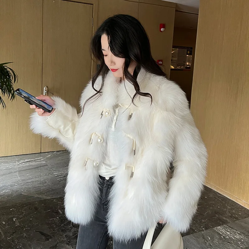 

2023 New Faux Fox Fur Coat White Fluffy Plush Jacket Women's Winter Luxury Designer Oversize Short Elegant Stand Collar Fashion