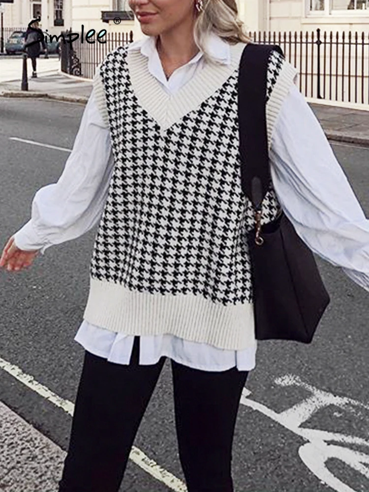 Simplee Houndstooth knitted sweater vest women V neck sleeveless oversized pullover vintage Fall winter female waistcoat | Женская