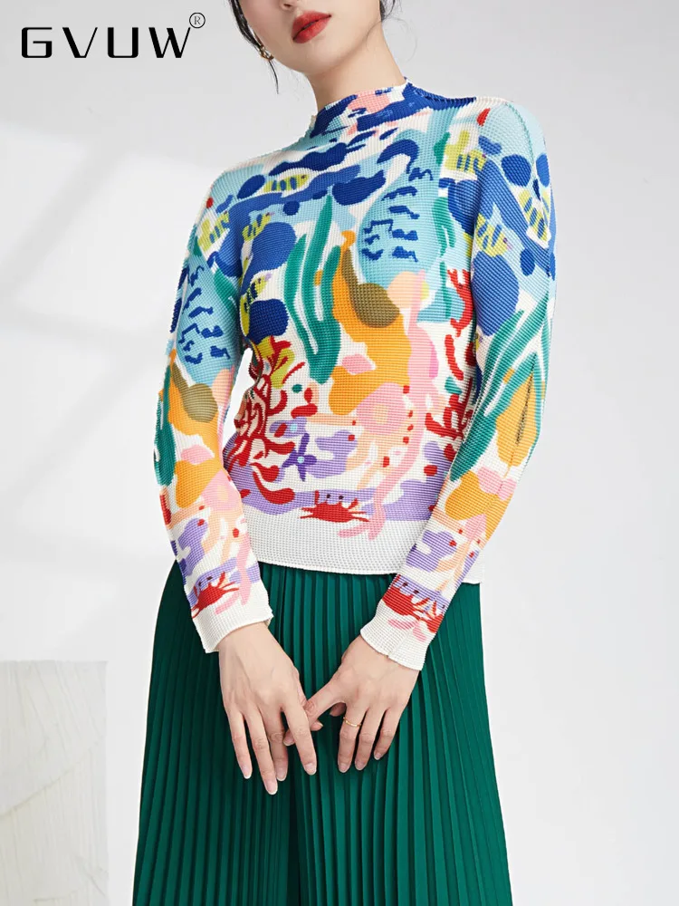 

Женская футболка с длинным рукавом GVUW, разноцветная плиссированная футболка с воротником-стойкой, облегающая повседневная одежда с принтом, новинка весны 2023, 17G1385