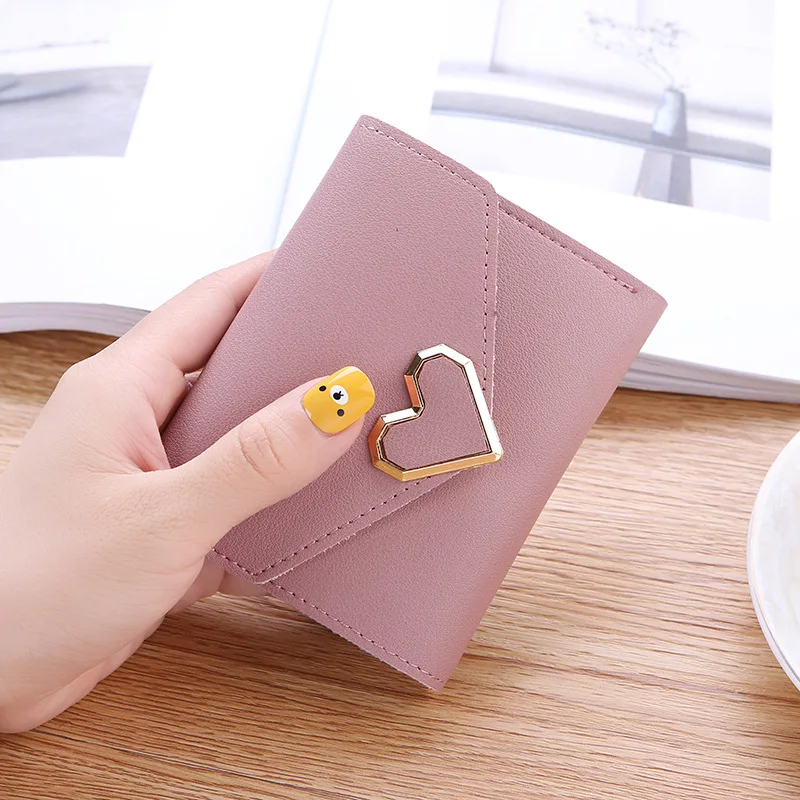 

Mini Women's Wallet 2022 PU Leather Metal Heart Short Three Folds Coin Wallet Women Multi Card Holder Casual Hasp Purses Clutch