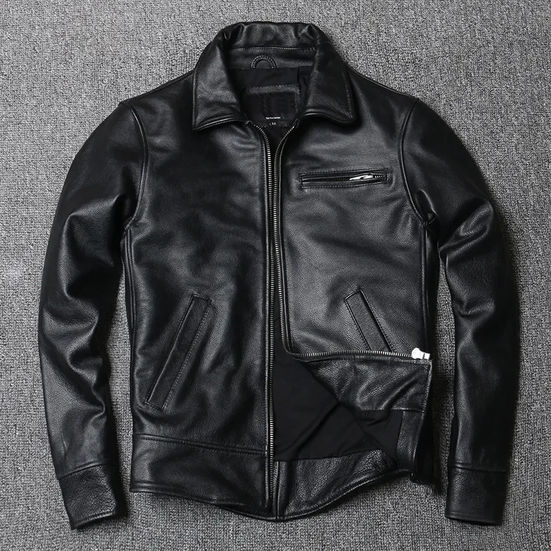 

YR!Free shipping.Wholesales.derme men black slim cow jacket.natural quality genuine coat.biker leather outwear