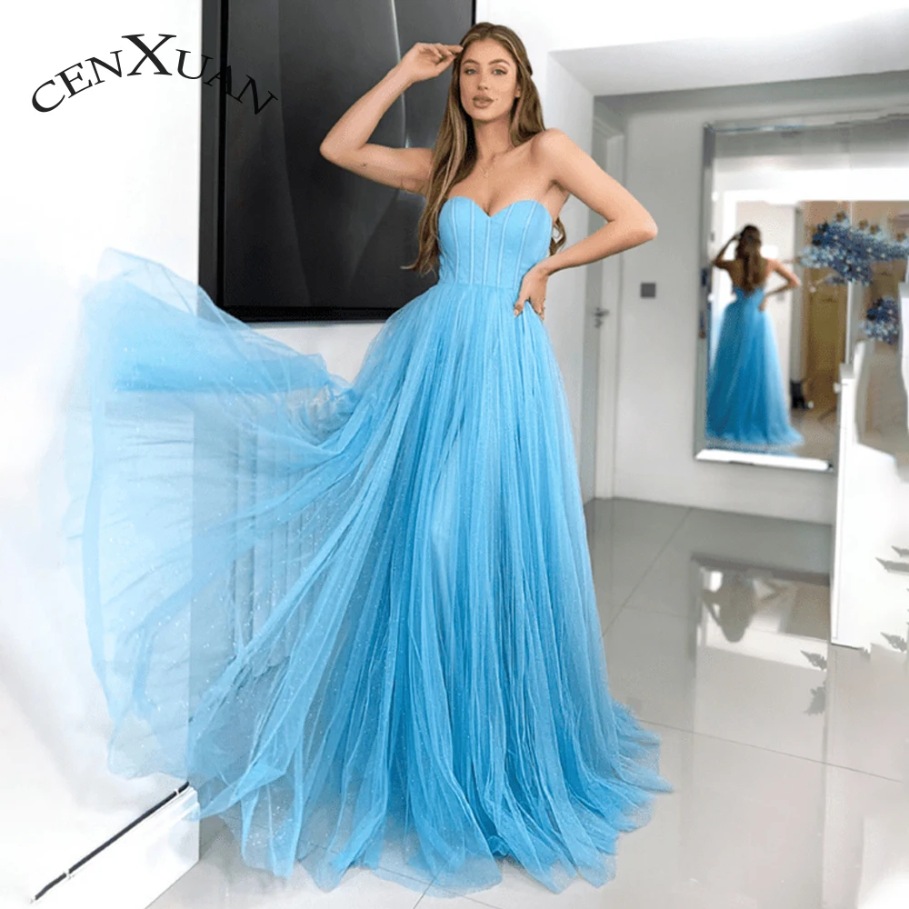

Cenxuan Modern Tulle Sweetheart Sequined Sleeveless Backless Pleat Prom Evening Dress Made To Order Vestidos Robes De Soirée