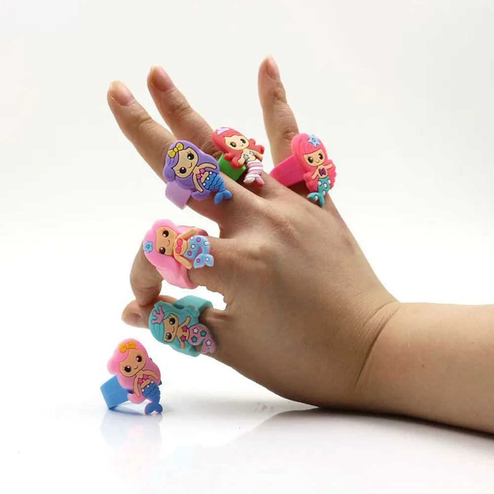 

6 Pcs Cute Cartoon Mermaid Ring for Children Soft Silicone Kawaii Rings Finger Accessories Baby Girl Funny Shower Party Supplies