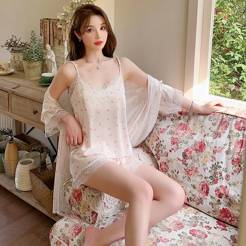 

Women's Spring Summer Pajamas Lace Flower Strap Skirt Shorts Nightgown Three Piece Set Sexy Sleepwear Casual Home Clothing