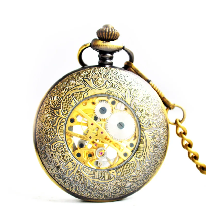 Luxury Mechanical Pocket Watch for Men Women Flower Hollow Skeleton Dial Roman Dial Fob Chain Pendant Clock for Collection Gift