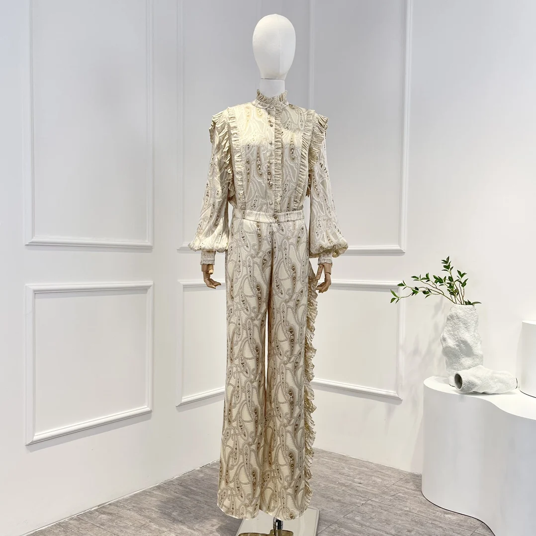 

2022 Autumn High Quality Woman Suit Beige Paisley Print Frilled Luxury Style Ruffles Blouse Pants Set