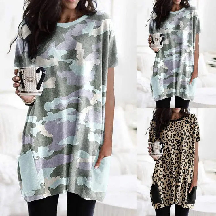 

The new 2021 summer printed stitching flowers pocket round collar short sleeve T-shirt