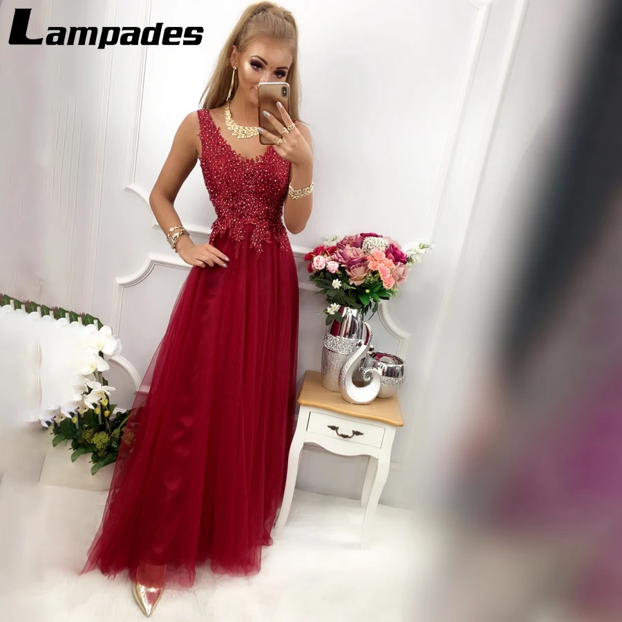 

V-neck Wonderful Lace Sequins A-line Red Evening Dress vestidos de gala largos muy elegantes vestido formatura luxo Party Dress