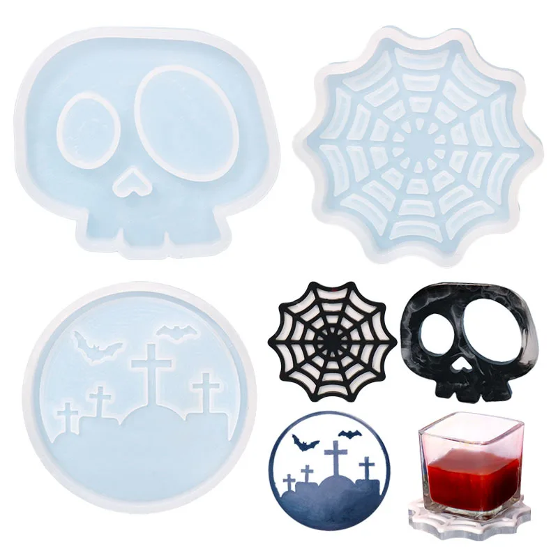 

Halloween Silicone Tray Epoxy Resin Casting Mould Glass Teapot Mat Mold Jewelry Making For Home Cobweb Skull Graveyard Molds