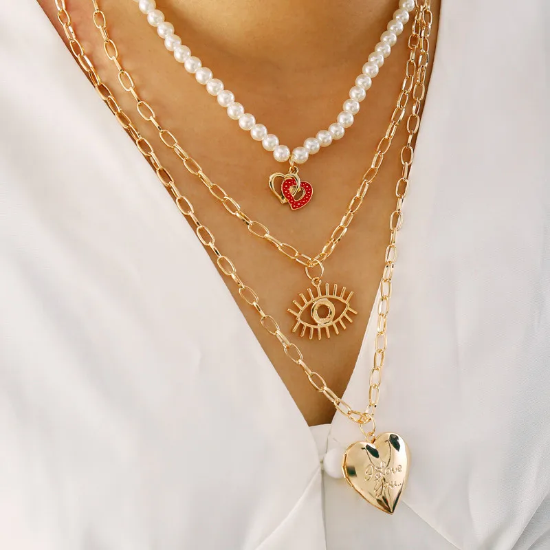 

Summer European and American Jewelry Pearl Love Eye Multi-layer Necklace Female Personality Retro Fashion Necklaces