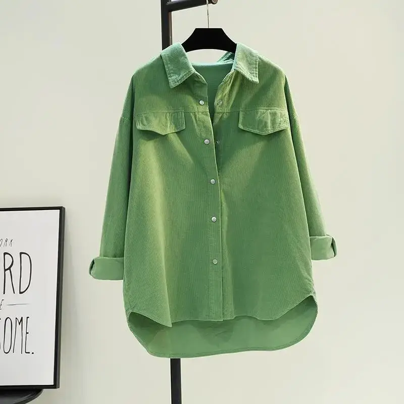Avocado Green Corduroy Chic Woman Blouse Women's Clothing Spring 2022 Pockets Fashion Blouses Polo-Neck Long Sleeve T-Shirts
