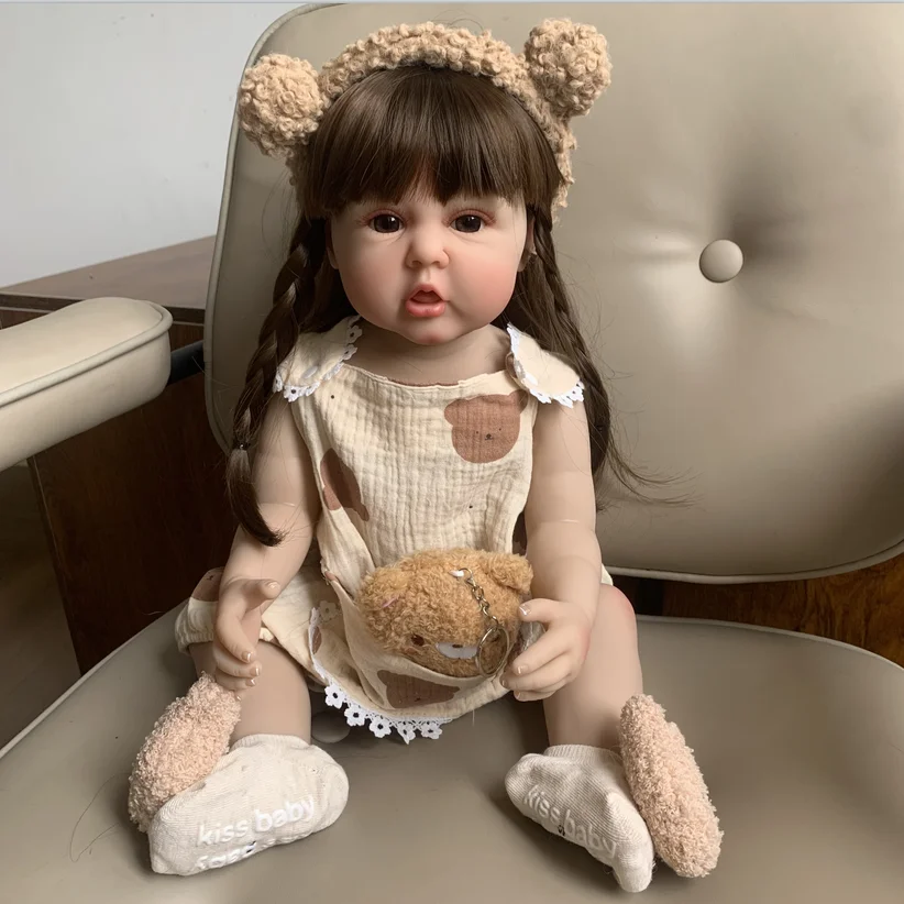 

Reborn Baby Brown Hair Girl Doll Toy 55 CM 22 Inch Full Silicone Body Lifelike Realistic Princess Toddler Bebe