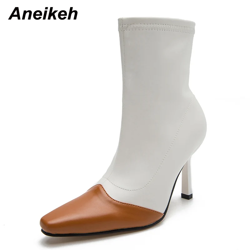 

Aneikeh Shoes For Women 2022 Heels Rome Style Mixed Colors PU Square Toe Sewing Side Zippers Black Brown Chelsea Boots Mid Calf