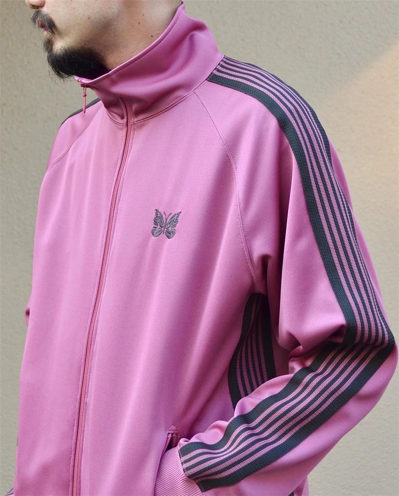 

2023fw Pink Stripe Needles Jacket Men Women 1:1 Top Quality Zipper Long Sleeve Butterfly Embroidery AWGE Coats