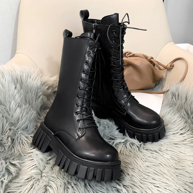 

Rimocy Chunky Platform Women's Ankle Boots 2022 New Lace-Up Pu Leather Ladies Shoes Autumn Winter Thick Sole Motorcycle Booties