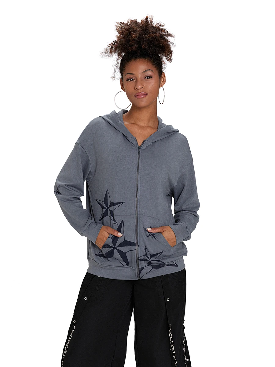 Женские готические толстовки на молнии в стиле панк с длинным рукавом и звездным