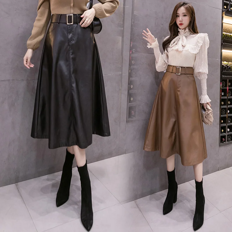

Fashion PU Leather Skirts Women Autumn Elegant Office Female Midi Skirt With Belt Sashes Pockets Casual Solid A-Line Black Khaki