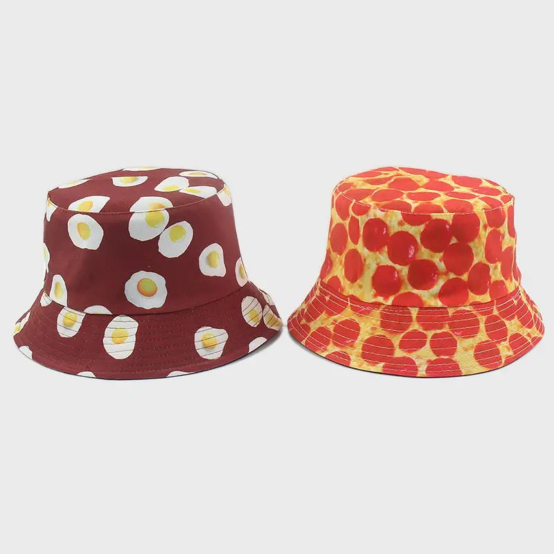 

European and American Creative New Omelette Pattern Printing Fisherman Cap Women Summer Outdoor Double-sided Hat Couple Sun Hat