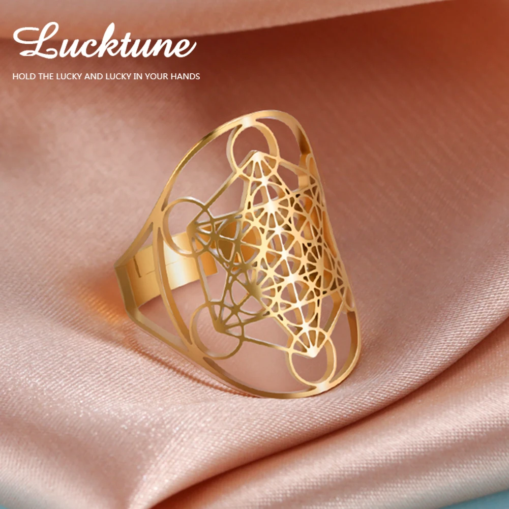 

Lucktune Viking Flower of Life Ring Women Stainless Steel Metatron Archangel Amulet Adjustable Ring 2023 Vintage Jewelry Gift