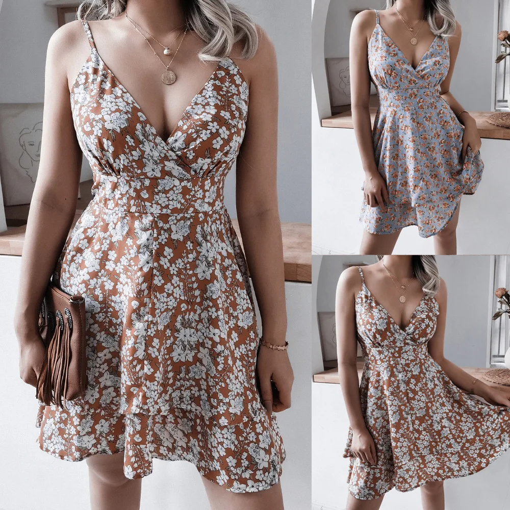 

SSCL Summer Sexy V-Neck Chiffon Dress Women's Sling Mini Dress Retro Style Casual Girl Skirt Beachwear