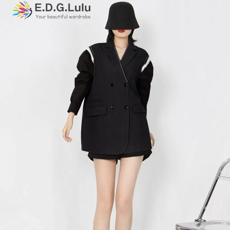 EDGLuLu Women 2022 Winter Turn-down Collar Coat Jacket  Long Sleeve Elegant Double-breasted Patchwork Blazer Suit Jacket 1216