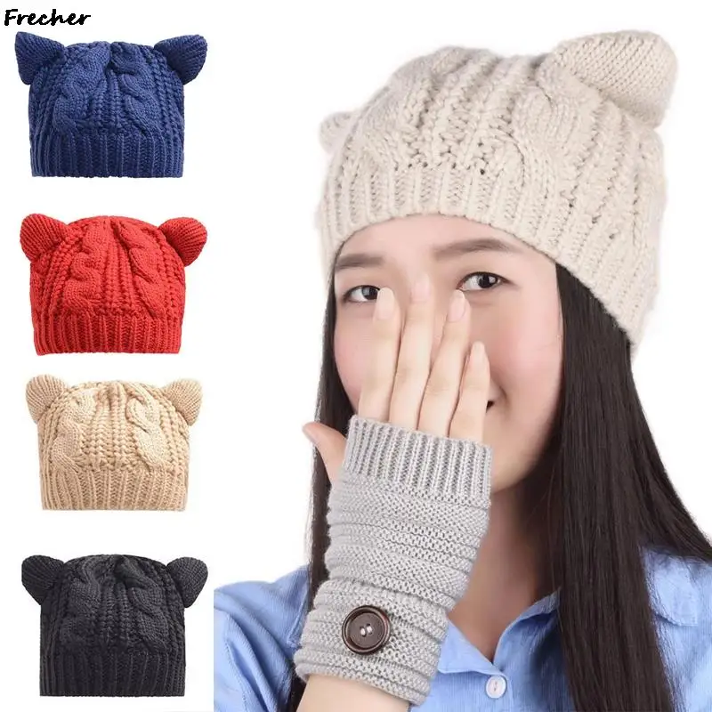

Cat Ears Slouchy Knitting Hats for Women Lovely Elastic Knitted Caps Party Warm Crochet Hat Fashion Ladies Crochet Beanies Cap