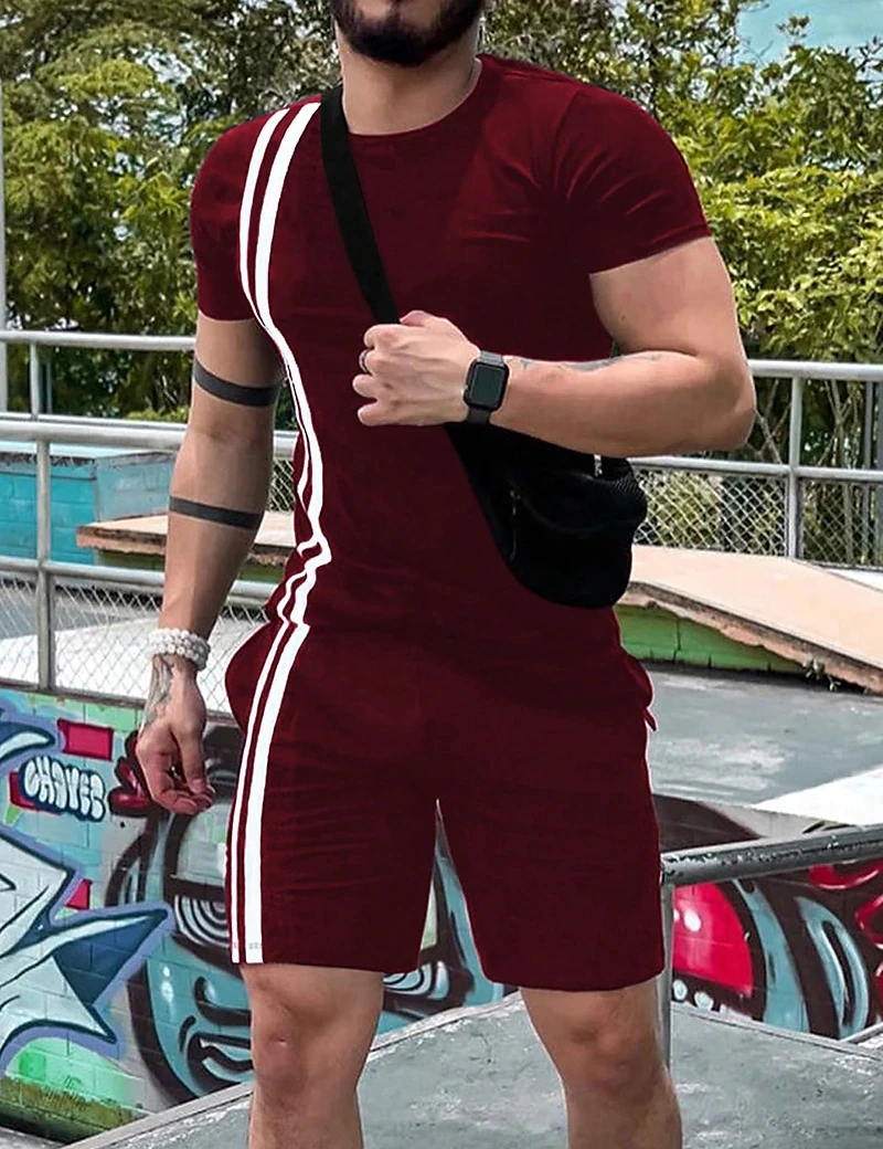 Clothes for Men T-shirt Suits 2023 Summer Hot Sales Round Neck  Solid Color Stripe Short Sleeved Top And Beach Pants 2-Piece Set