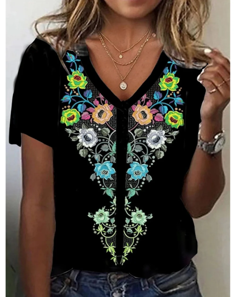

Oversized Retro Women T-Shirt 3d Flowers Print Tops V-Neck Ladies Clothing Short Sleeve Vintage Female T Shirt Y2k Streetwear