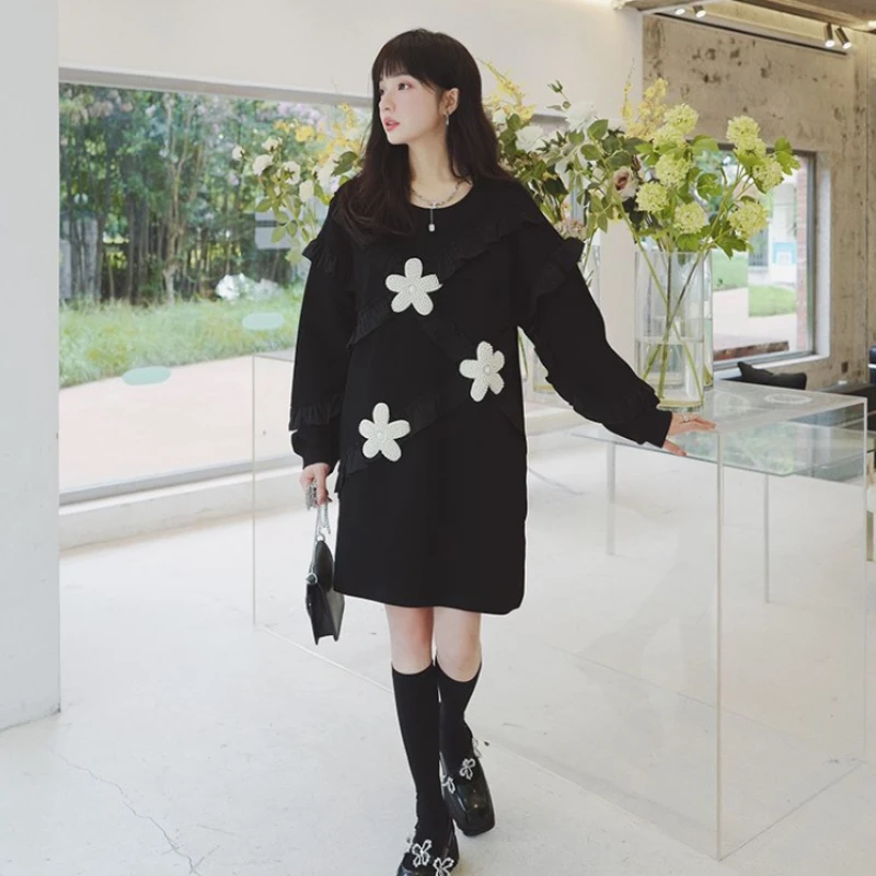 

Flower and Fungus Edge Spliced Long Sleeve O-neck Black Hoodies Dresses for Women 2023 Autumn Elegant Loose Casual Korean 6928